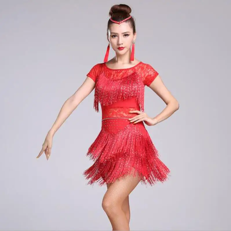 Red Short Sleeve Красные костюмы для латинских танцев, Для женщин сальсы; танцевальный костюм; платья для бальных платьев Танго для взрослых с бахромой, со стразами - Цвет: Red Short Sleeve