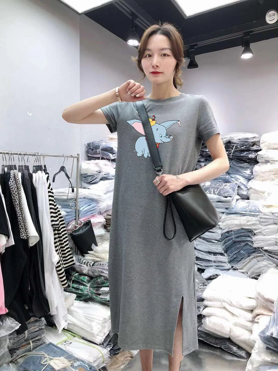 

Summer Short-sleeved Printed Cartoon Dress Women's Belly Covering Large Size Loose-Fit Mid-length over-the-Knee Base T-shirt Ski