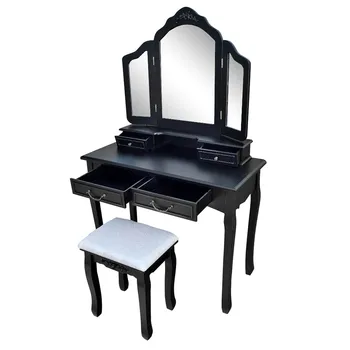 

Dressing Table Set with 3 Mirrors 4 Drawers Vanity Makeup Dresser Dressing Stool Chair Set Home Bedroom Furniture