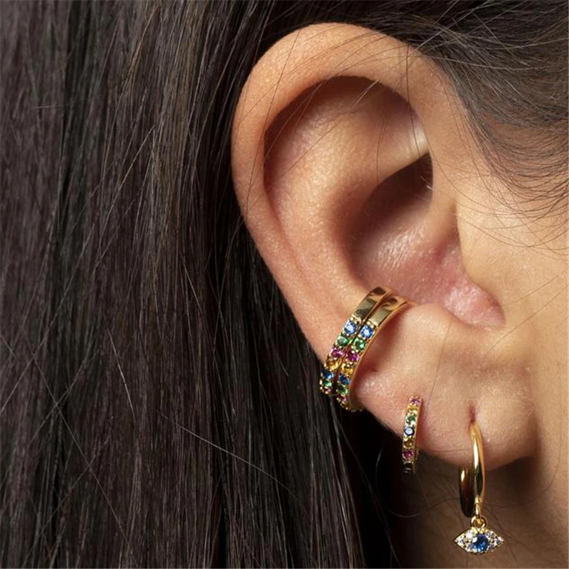 925 Sterling Silver Earrings For Women Colorful Crystal Zircon Earrings Girl Ear Bone Earring Female Rainbow Small Hoop arete R5