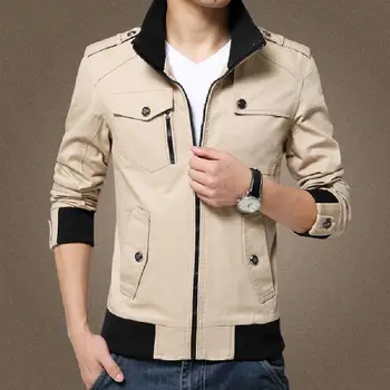 

Men Solid Color Stand Collar Multi Pockets Jacket Winter Autumn Zipper Slim Coat