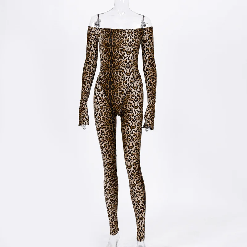 leopard Криптографические Длинные Комбинезоны женские длинные штаны с вырезом лодочкой сексуальные с открытой спиной с длинным рукавом Модные леопардовые тонкие блестящие комбинезоны - Цвет: leopard