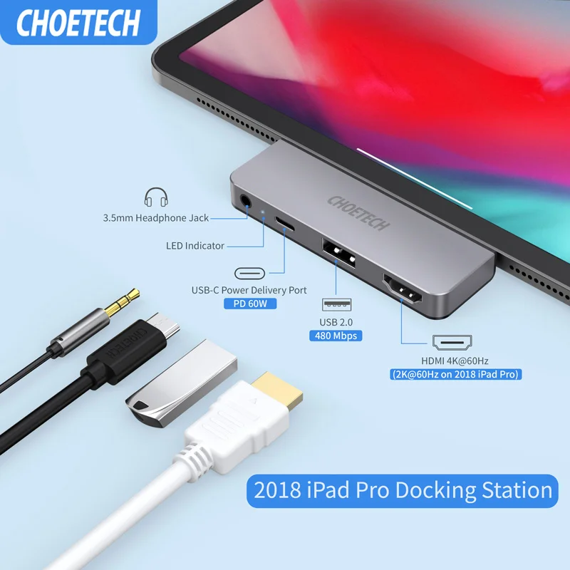 CHOETECH USB 2 0 концентратор Мульти разветвитель 3 порт HDMI с аудио микро зарядкой для iPad