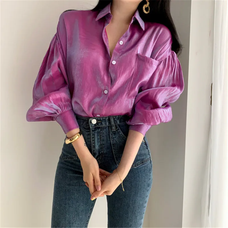 new fashion elegant women aglossy blouse lantern sleeve turn down collar bling shirt streetwear tops spring autumn P331 - 4.00067E+12