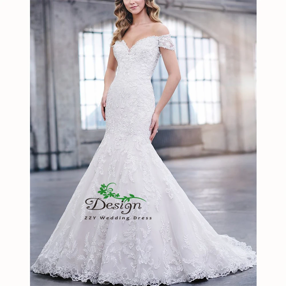 

Luxury Mermaid/Trumpet Hand White Romantic made Lace Beading Lace Wedding Dress Court Train Tulle Backhole Cheap Bridal Gowns