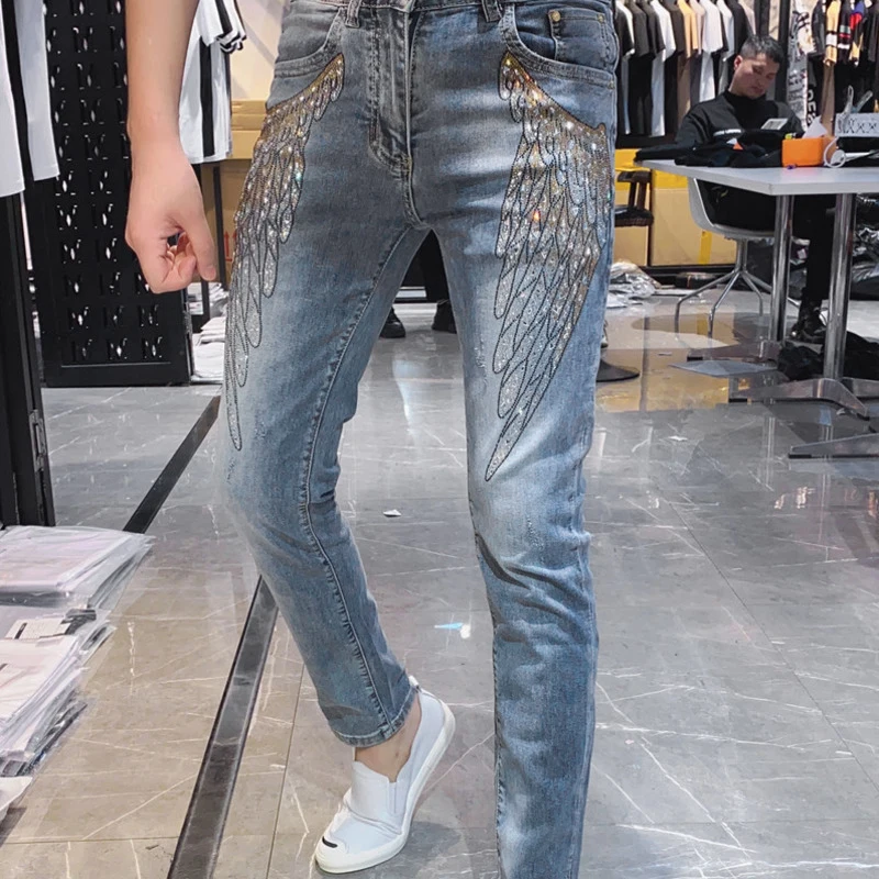 Moda Hombre 2021 Luxe Motorcycle Pants Rhinestones Wings Jeans Mens Fashion Chao Brand Hombre