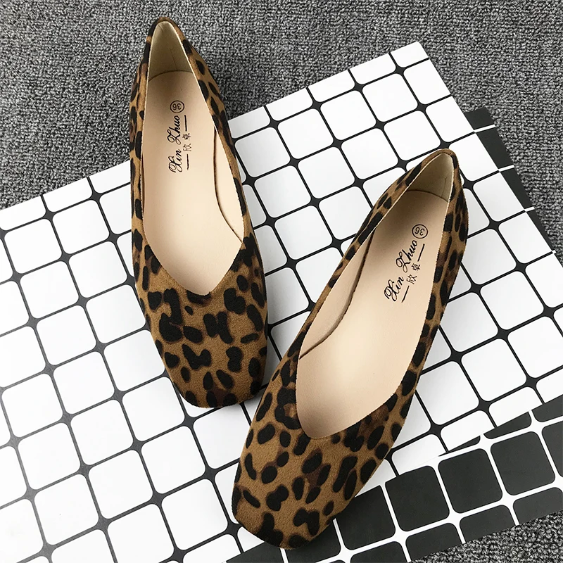 Women Flats Leopard Pattern Square Toe Shallow Flock Ballet Moccasins Comfy Slip On