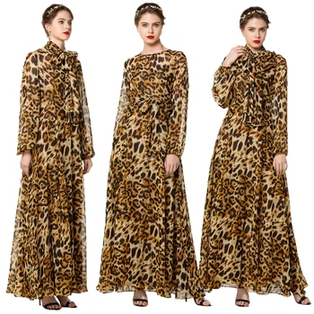 

Muslim Women Leopard Print Chiffon Long Sleeve Maxi Dress Cocktail Abaya Party Casual Gown Kaftan Islamic Robe Clothing Fashion