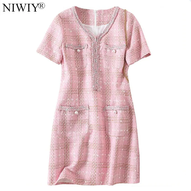 

New Style Tweed Pink Autumn Dress Women Mini Christmas Tight Bodycon Dress Vestidos Invierno 2019 Mujer Ropa Mujer N9670