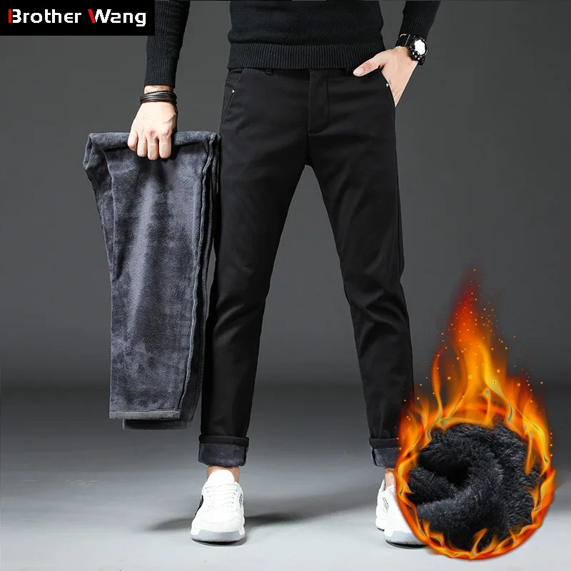 Зимние новые мужские тонкие теплые повседневные брюки бизнес мода классический стиль хлопок стрейч плотные утепленные брюки мужской бренд