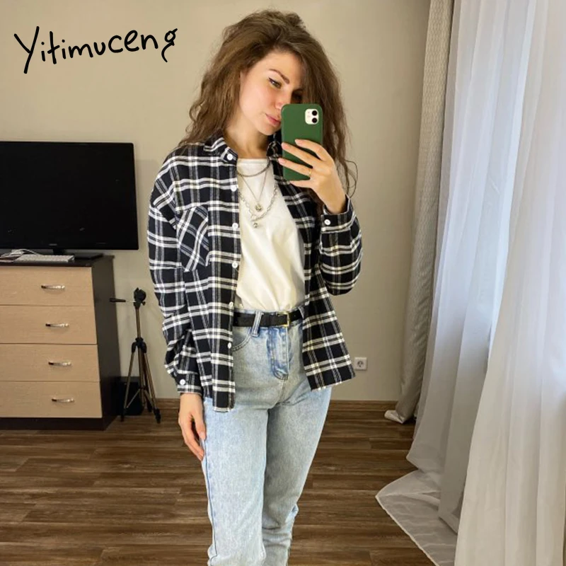 Женская винтажная Блузка в клетку свободная рубашка с длинным рукавом и отложным