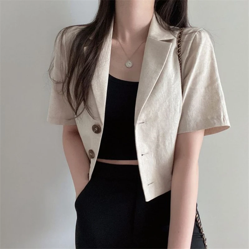 QOERLIN Korean Pure Color Short Sleeve Cotton Linen Suit Blazer Female 2021 Summer New Temperament Short Jacket Office Ladies cloth coat female temperament is little short of new fund of 2021 autumn winters is han edition imitation wool women s clothes