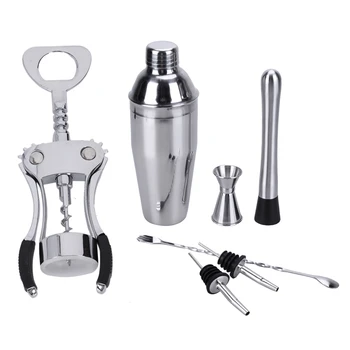 

1Pcs Home Kitchen Ware Winged Cork Screw Bottle Opener Silver & 6Pcs 750Ml Stainless Steel Cocktail Shaker Bar Set Wine Martini