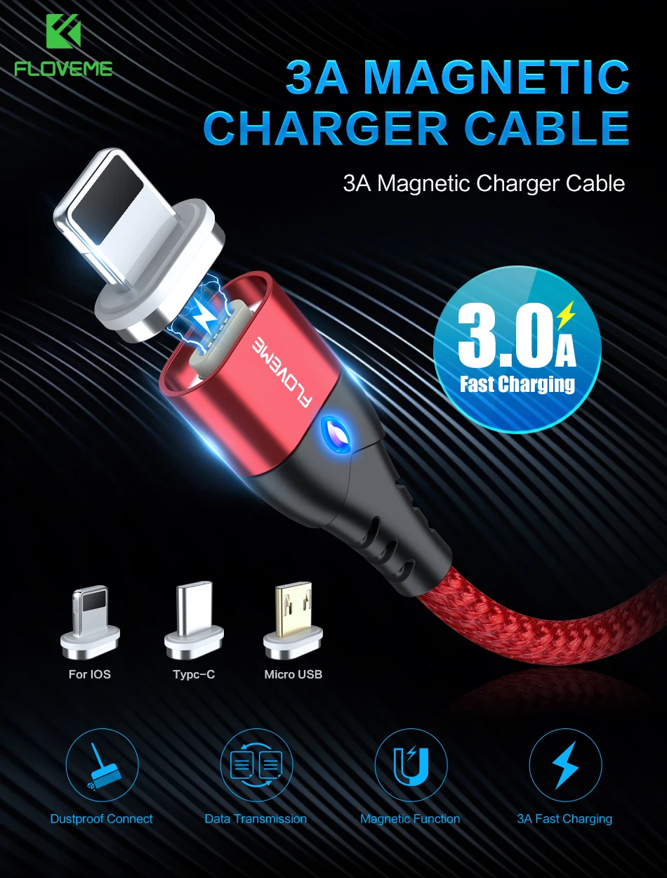 Магнитный кабель FLOVEME Micro USB Type C Lighting для iPhone 1 м 3 А быстрой зарядки магнитное
