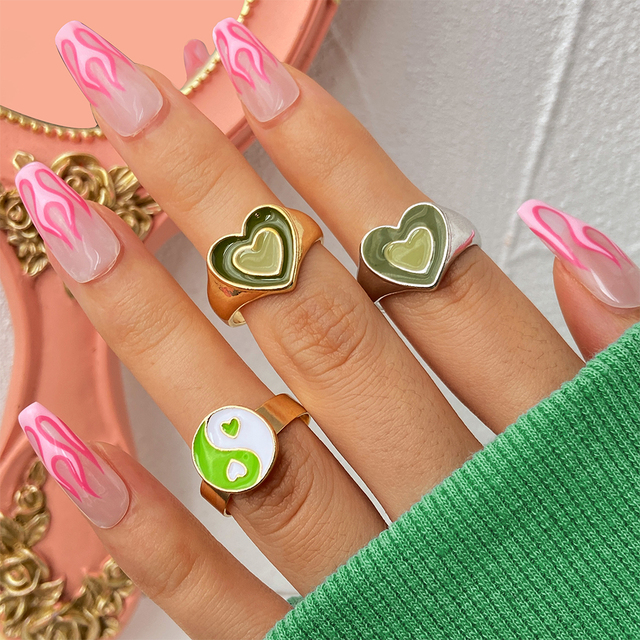 Heart Y2K Ring Set Open Cooper Rings For Women Candy Color Hand-painted Knuckle Rings Jewelry