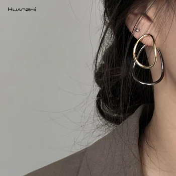 

HUANZHI 2020 New Gold Silver Color Double layer Metal Geometric Water Drop Oval Stud Earrings for Women Minimalist Jewelry