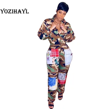 

Women's Long Sleeve Zipper Bodysuit Patchwork Overalls Camouflage Jumpsuit Casual Rompers for Female Elegant Workwear