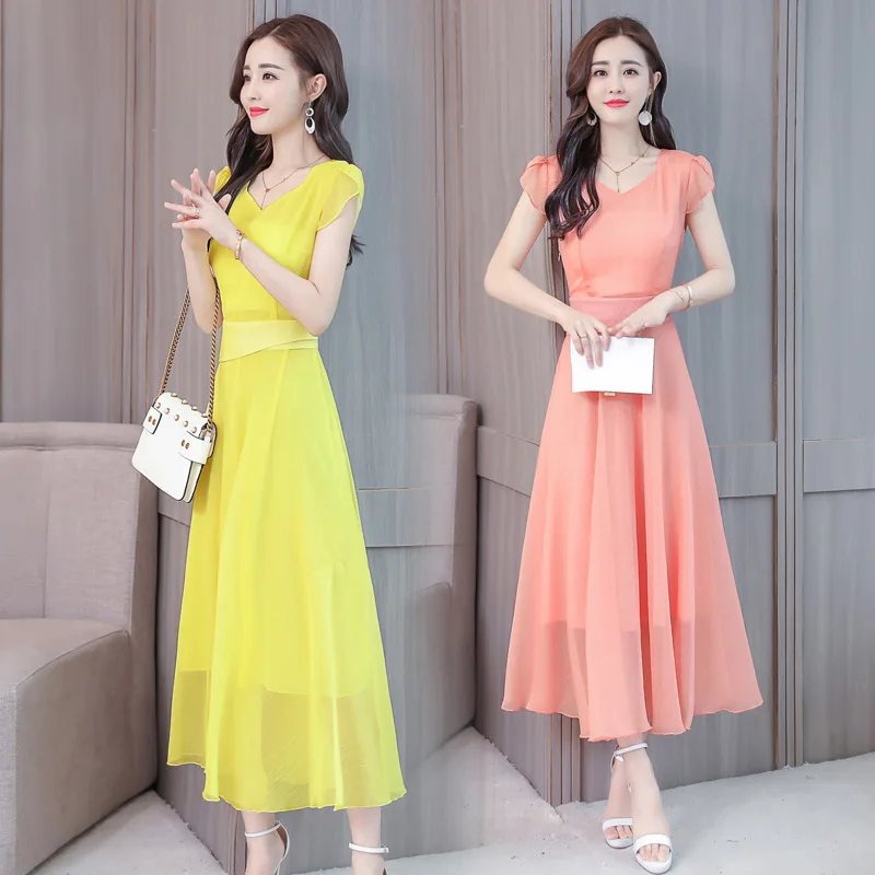 

2018 Summer Wear New Style Korean-style Nobility Elegant Important Mulberry Silk Solid Color Mid-length Dress