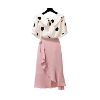 

2 Piece Outfits for Women New 2020 Summer WhiteTurn-down Collar Polkadot Chiffon Shirt and Pink High-waisted Fishtail Skirt Sets