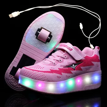 

Children One Two Wheels Luminous Glowing Sneakers Pink Black Led Light Roller Skate Shoes Kids Led Shoes Boys Girls USB Charging
