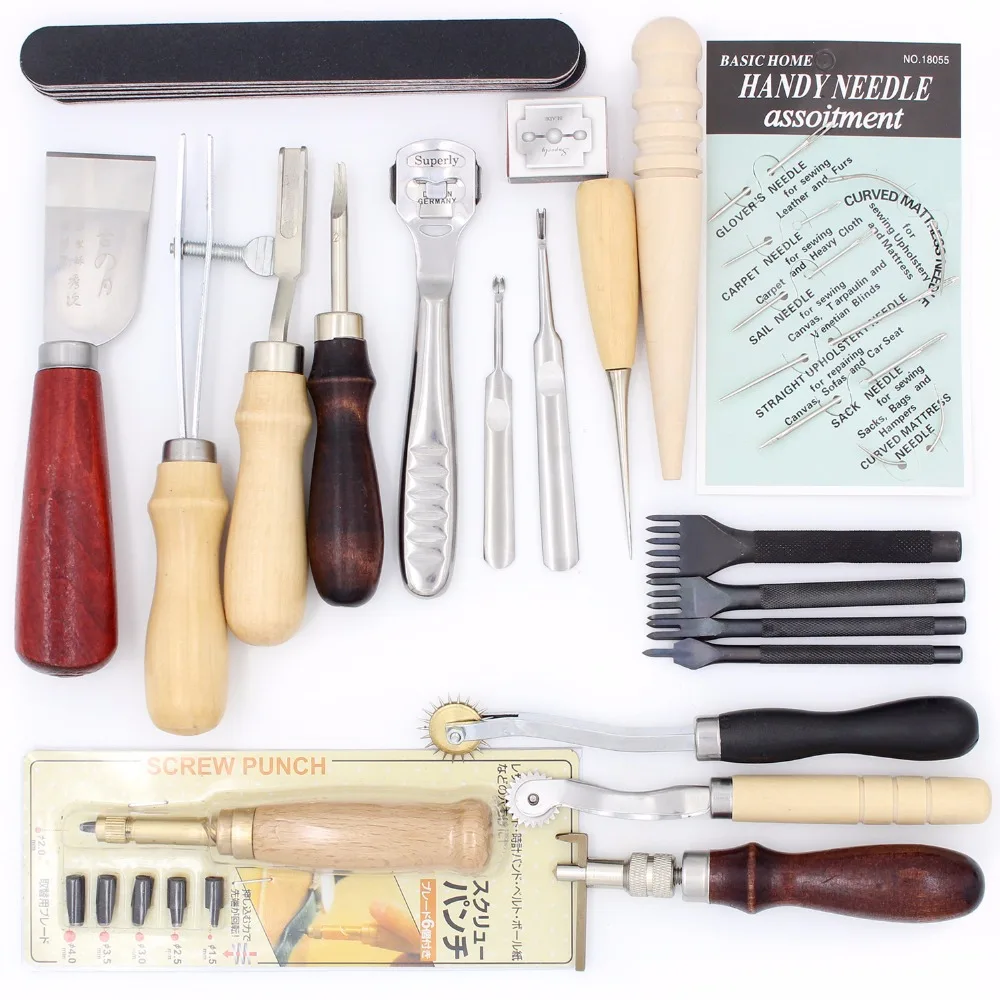 Leather Tool Set Carving Punching Hole Cutting Knife Manual Suture Needle Gas Eyes Burnish Peeling Edge Process for Leather Belt