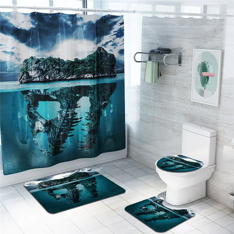 

4pcs Sea Style Non Slip Toilet Polyester Cover Mat Set Bathroom Shower Curtain Bathroom Decor Washable Non-slip Modern @D