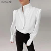 Mnealways18 Autumn Turtleneck Blouse Women Elegant Button Office Casual Shirt Chic Breasted Puff Sleeve Top White Blouse Female ► Photo 3/6