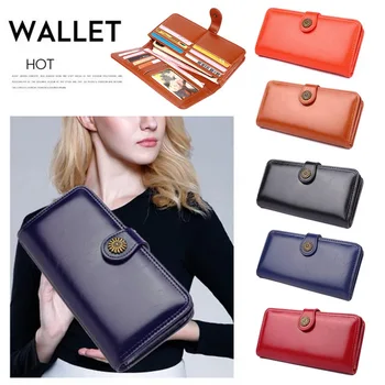 

Luxury Oil Wax Women Long Wallets Big Capacity Hasp Zipper Purse Ladies Wristlet Clutch Coin Card Holders porte monnaie femme