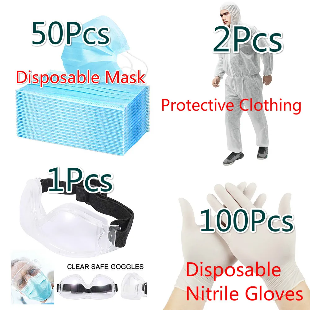 

Epidemic Prevention Equipment Set 50Pcs Disposable Mask 100Pcs Nitrile Gloves 1Pcs Protective Clothing 1Pcs Goggles Glasses