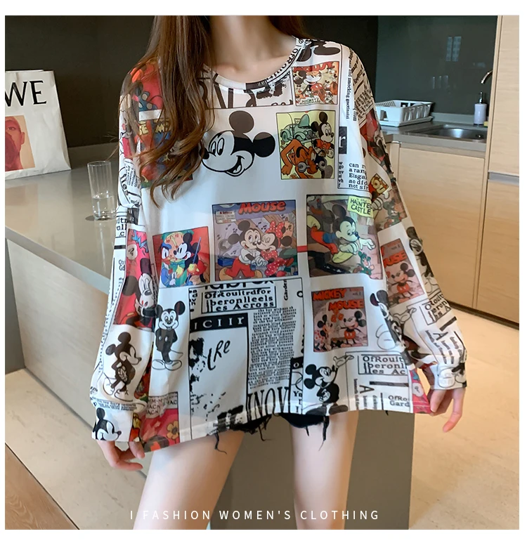 Disney 2021 Summer Famous Anime Mickey Mouse Brand Mesh Shirt Women Sun Protection Transparent Long Sleeve Blouse Ladies T-shirt