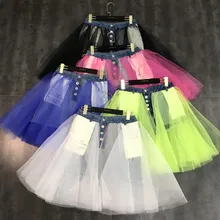 Ins/модная коллекция года; сезон лето; Джинсовая юбка Феи из сетчатой ткани; женская Двусторонняя одежда; газовая Пышная юбка; короткие джинсовые юбки для студенток