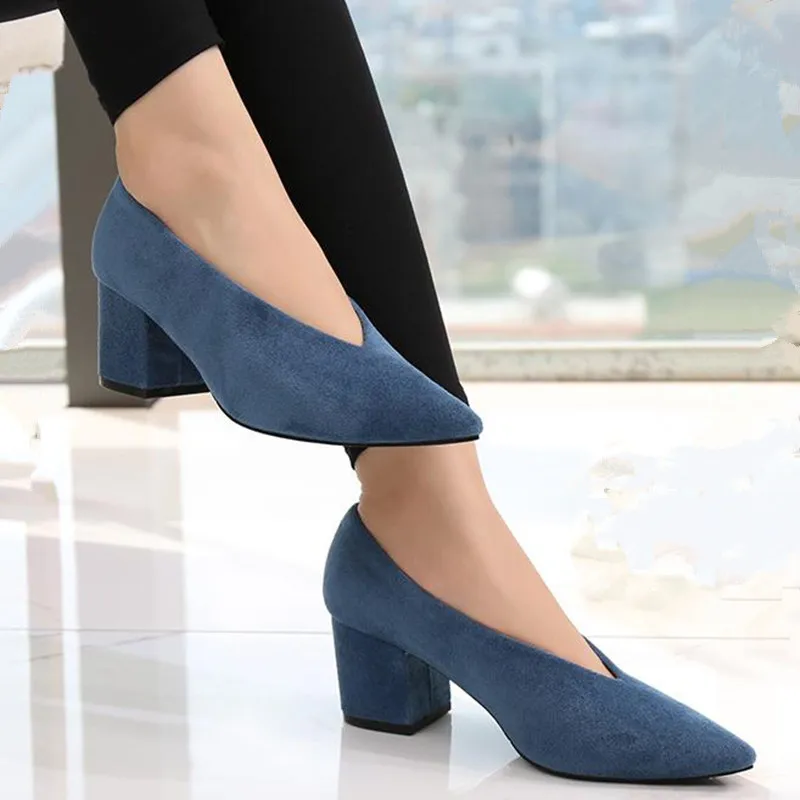 

fashion high heels women shoes zapatos de mujer Plus Size tip womens shoes black Suede heel mid heel Ladies Shoes pumps shoe