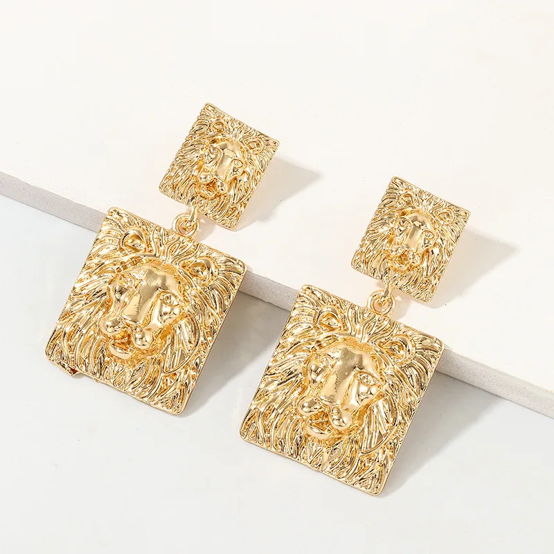 SRCOI Metal Geometric Square Lion Gold Color Drop Earrings 2020 New Punk Fashion Gangle Alloy Statement For Women | Украшения и