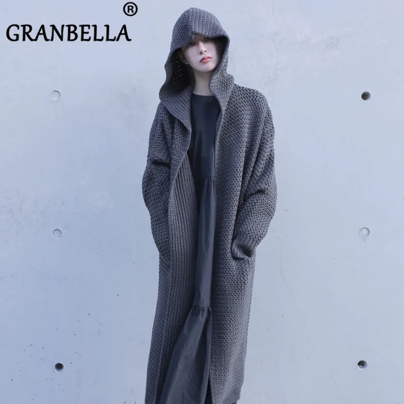 

Loose Wind Long Women's Sweater Plus Size Hooded Dark Gray Sweater Thick Women Knitted Cardigan Big Pockets Female Warm Coats