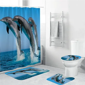 

Dolphins Jumping Shower Curtains Bathroom Waterproof Polyester Bath Pad Pedestal Rug Lid Toilet Cover Ocean Print Art Decor