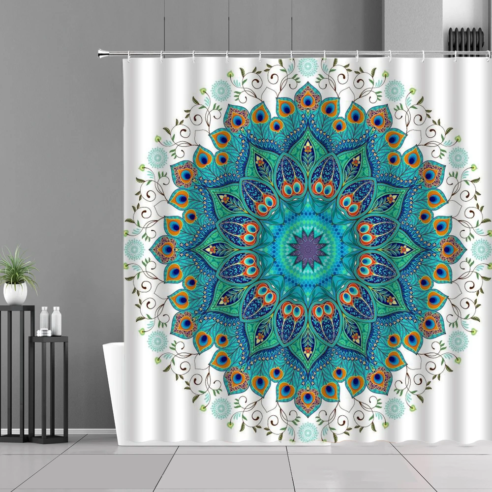 Abstract Mandala Flower Shower Curtain Set Waterproof Fabric Bathroom w/ Hooks 