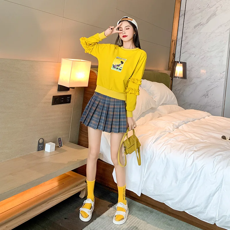 

Casual WOMEN'S Suit Autumn 2019 New Style Korean-style Pattern Short Skirt Printed Long-sleeved Sweater Coat a Generation of Fat