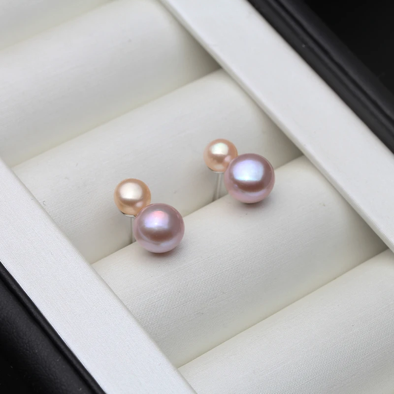 925 Sterling Silver Stud Earrings Fine Jewelry,Wedding Small Cute Double Pink Pearl Earrings For Women White Black 