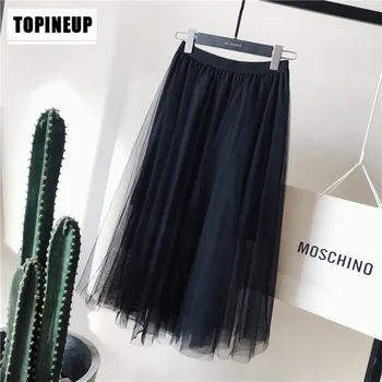 

Women spring Leisure Lace Mesh Long Midi Skirt lady Elastic band high waist slim skirt