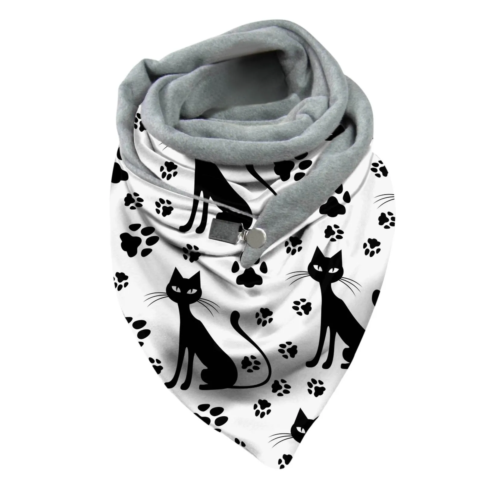 Women Cat Print Scarf Hijabs Retro Button Multi-Purpose Shawl 80cm-100cm Winter