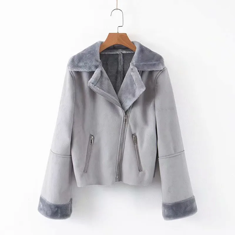 NSZ Женская замшевая укороченная куртка-Авиатор с флисовой подкладкой, плюшевое пальто с мохнатым воротником, винтажная куртка-бомбер, верхняя одежда на осень и зиму - Цвет: Серый