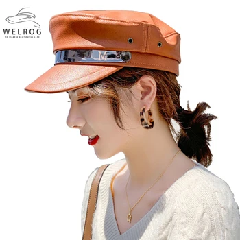 

WELROG PU Leather Letter Hat Autumn And Winter Female Cap Fashion Retro Wild Cap Octagonal Hat Solid Color Hat Newsboy Hat Cap