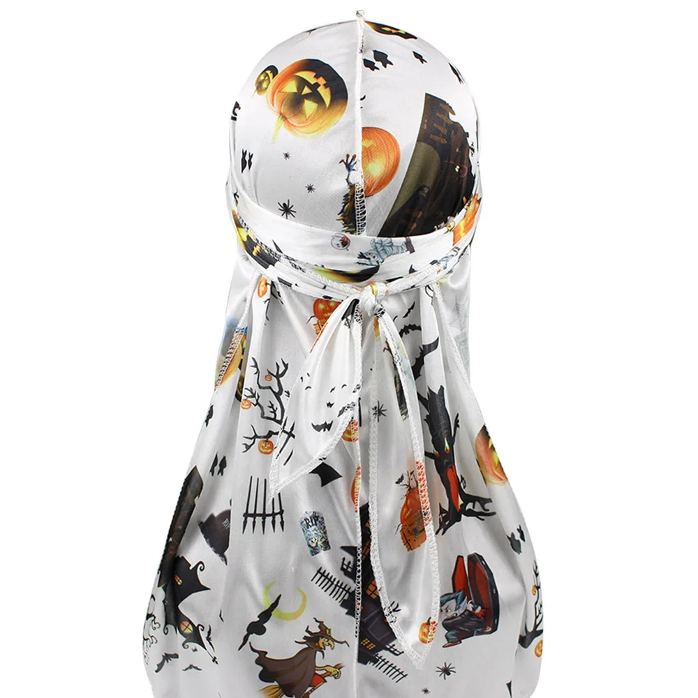 Белый Men Satin Durag Long-tail Bandanna Printing Turban Men Silky Doo rag - Цвет: Белый