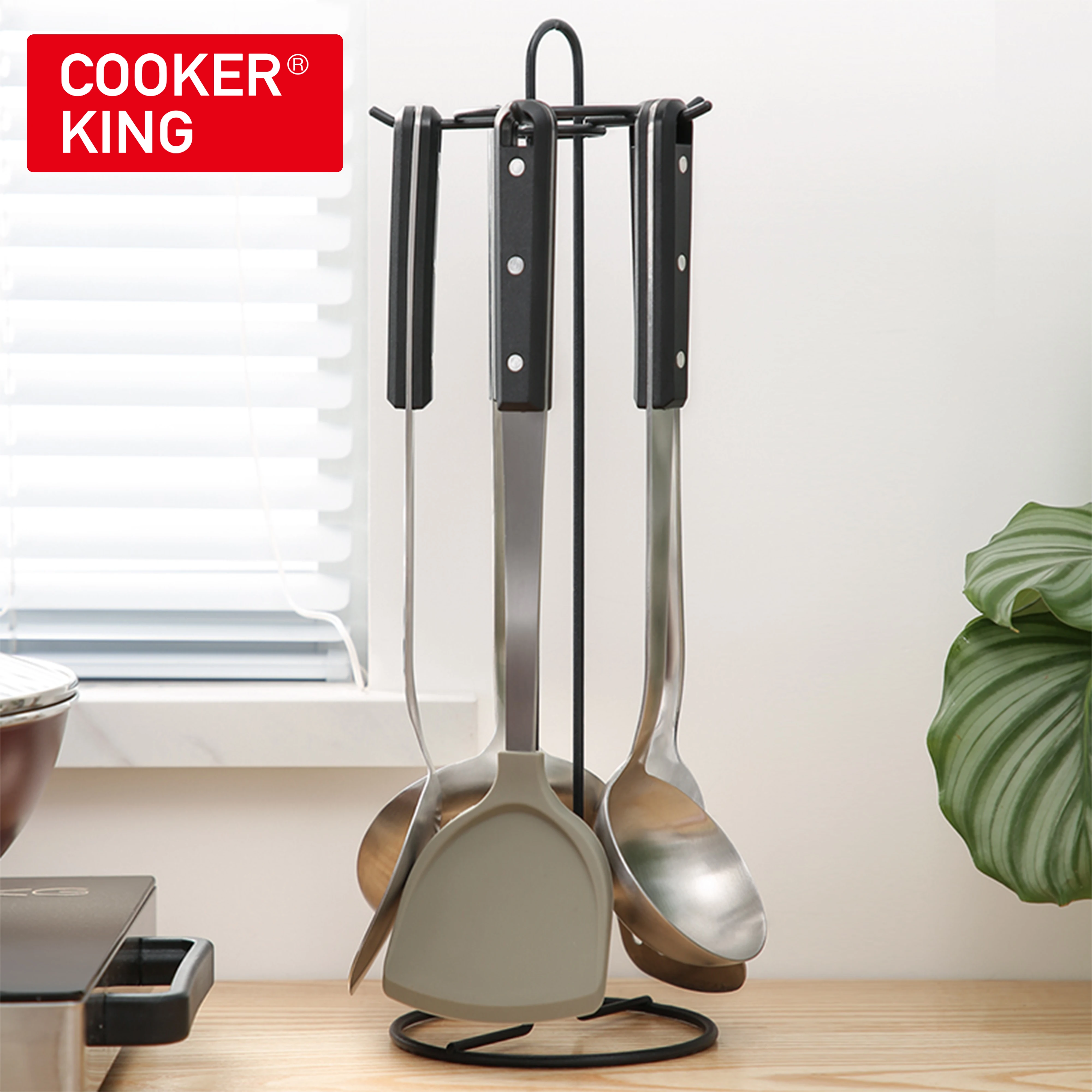 

COOKER KING Kitchen Cooking Tool Set Non-stick Pan Silicone Spatula Ladle Stainless Steel Turner Colander Shelf for Tools