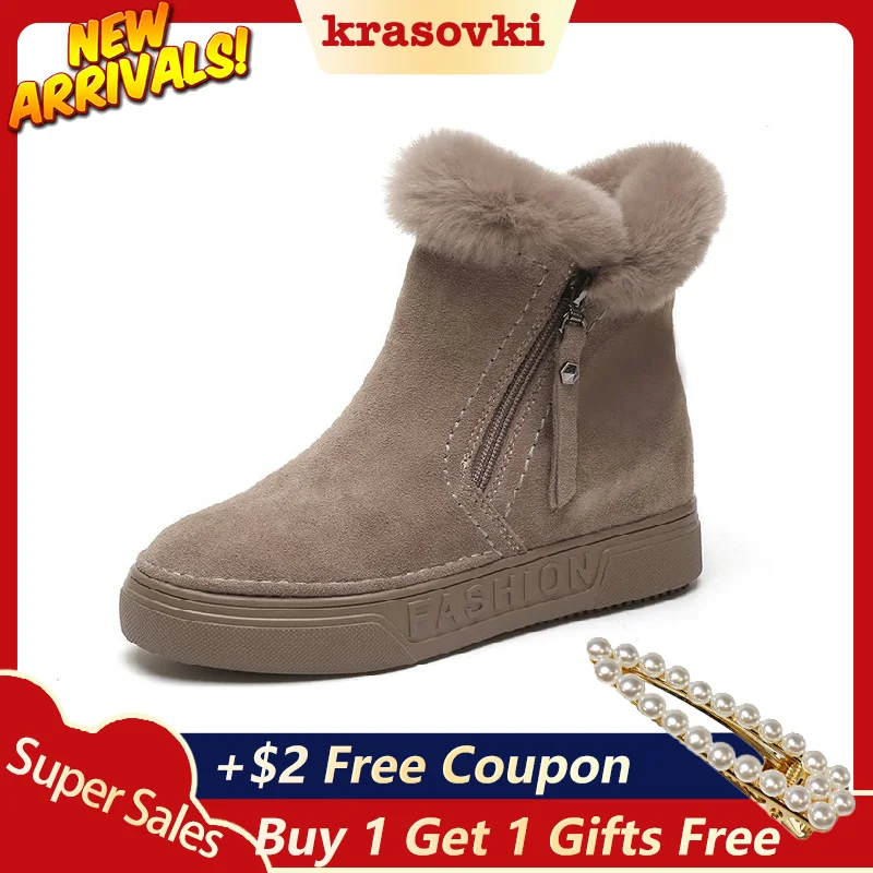 

Krasovki Women Boots Winter Flat Bottom Fashion Dropshipping Short Plush Round Toe Zipper Short Plush Warm Leisure Snow Boots