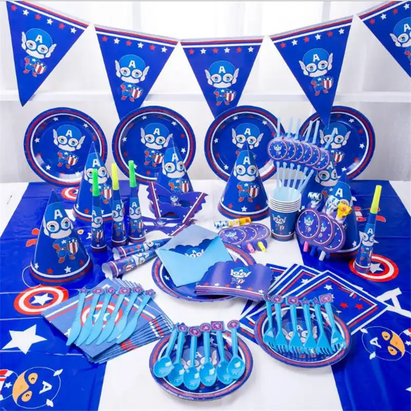 Супер герой Капитан Америка Дети День Рождения украшения поставки бумажные тарелки стаканчики флаг одноразовая посуда подарок на вечеринк...
