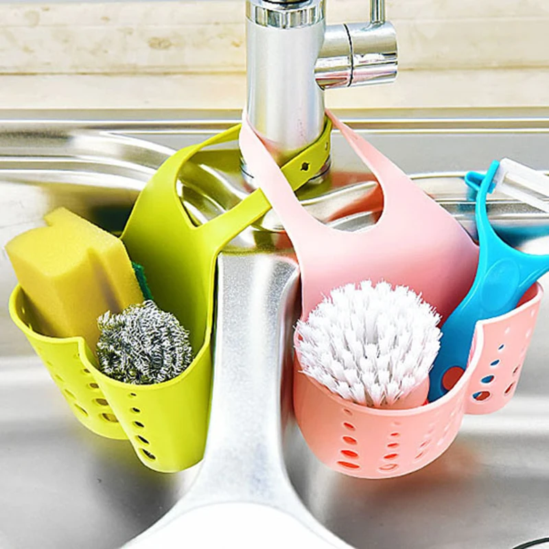 

Home Eco-friendly Kitchen Sink Sponge Storage Hanging Basket Adjustable Snap Button Type Drain Rack Faucet Storage Baskets