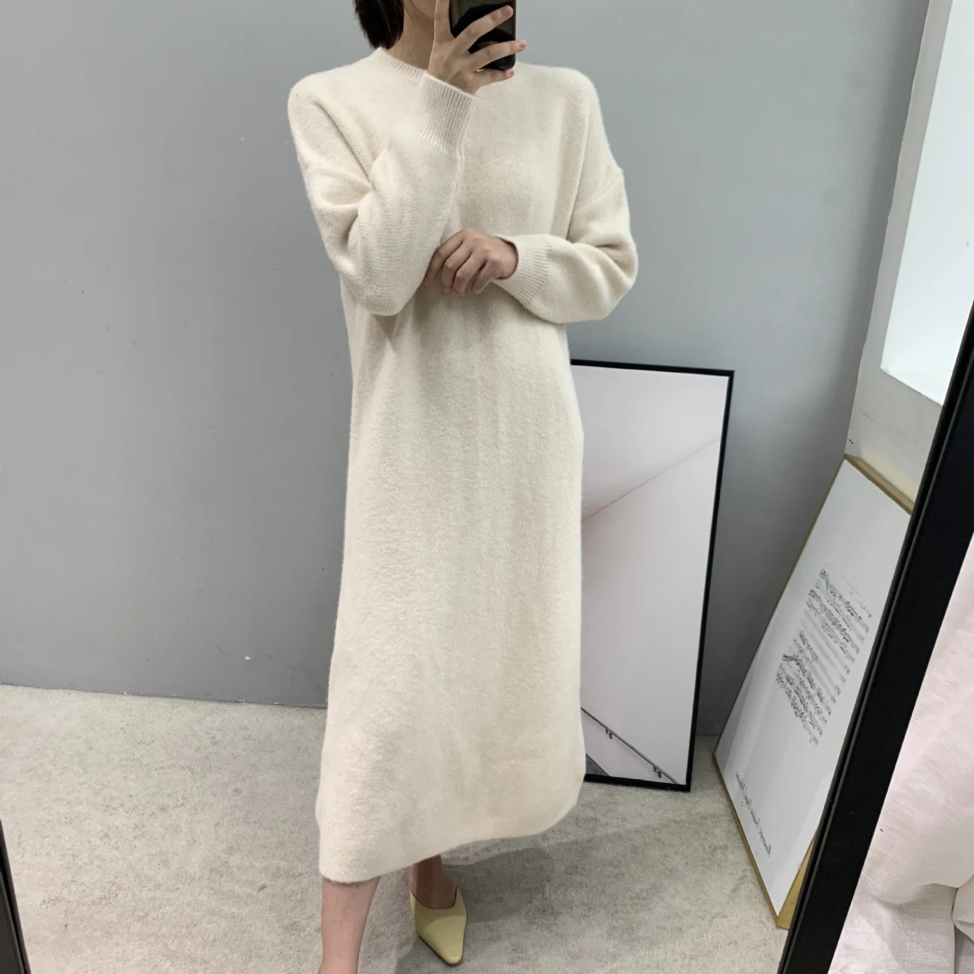 Women's Autumn Winter Long Sweater Dress New Solid Thick Dress Round Neck Long Sleeve Knit Dress Female - Цвет: white