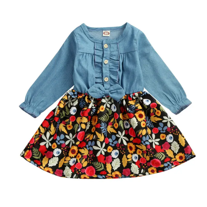 Осенне-осеннее джинсовое платье с длинными рукавами и цветочным принтом для маленьких девочек весенняя одежда