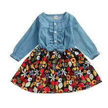 Осенне-осеннее джинсовое платье с длинными рукавами и цветочным принтом для маленьких девочек весенняя одежда